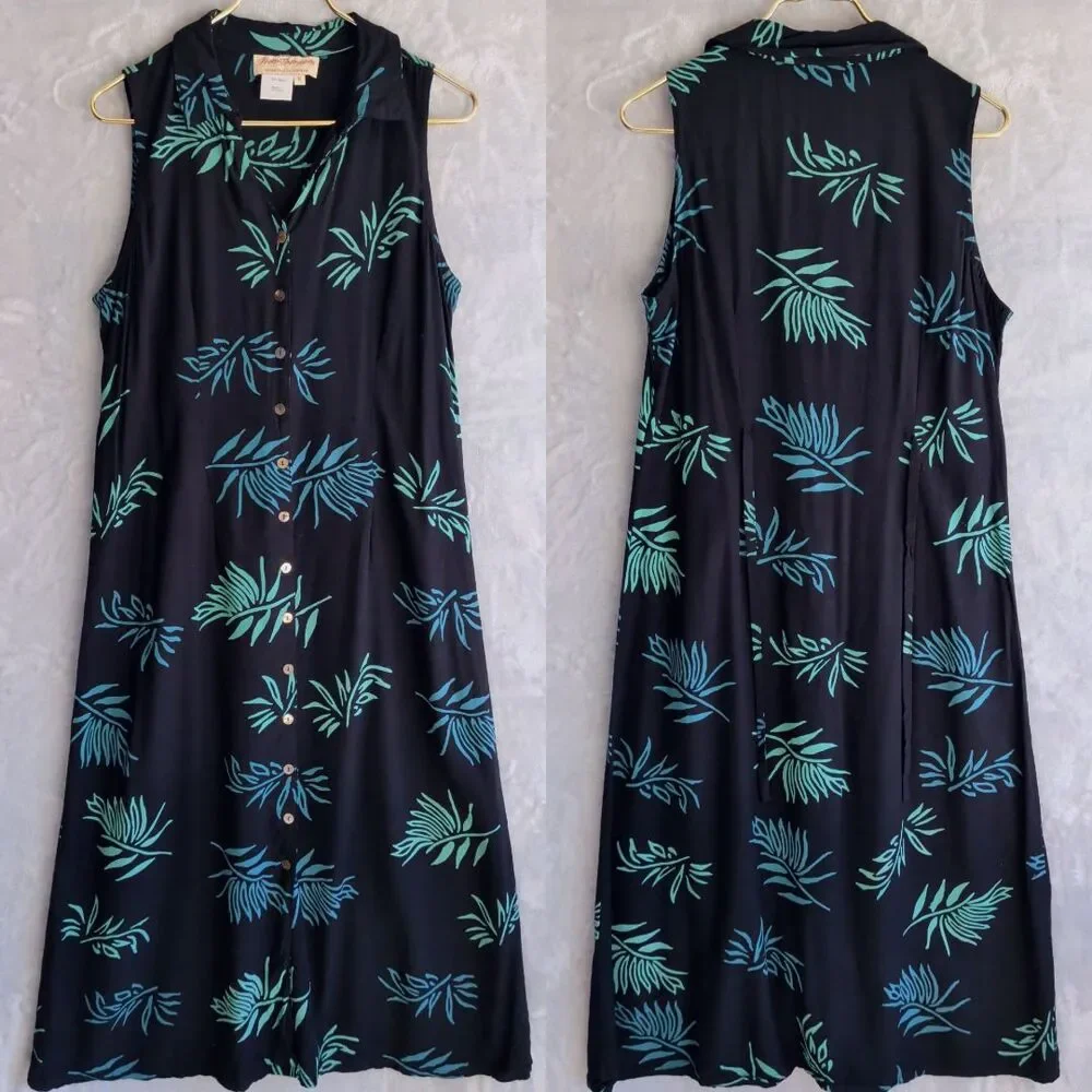 NORM THOMPSON Black Leaf Print Midi Dress Size M Sleeveless Collar Rayon Button